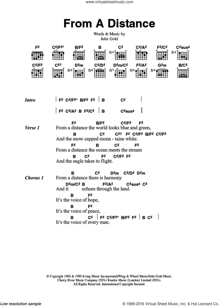 From A Distance sheet music for guitar (chords) by Nanci Griffith, Bette Midler and Julie Gold, intermediate skill level