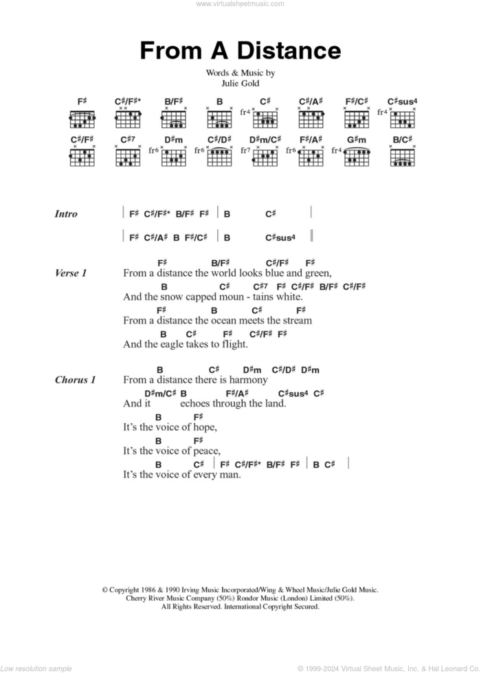 From A Distance sheet music for guitar (chords) by Nanci Griffith, Bette Midler and Julie Gold, intermediate skill level