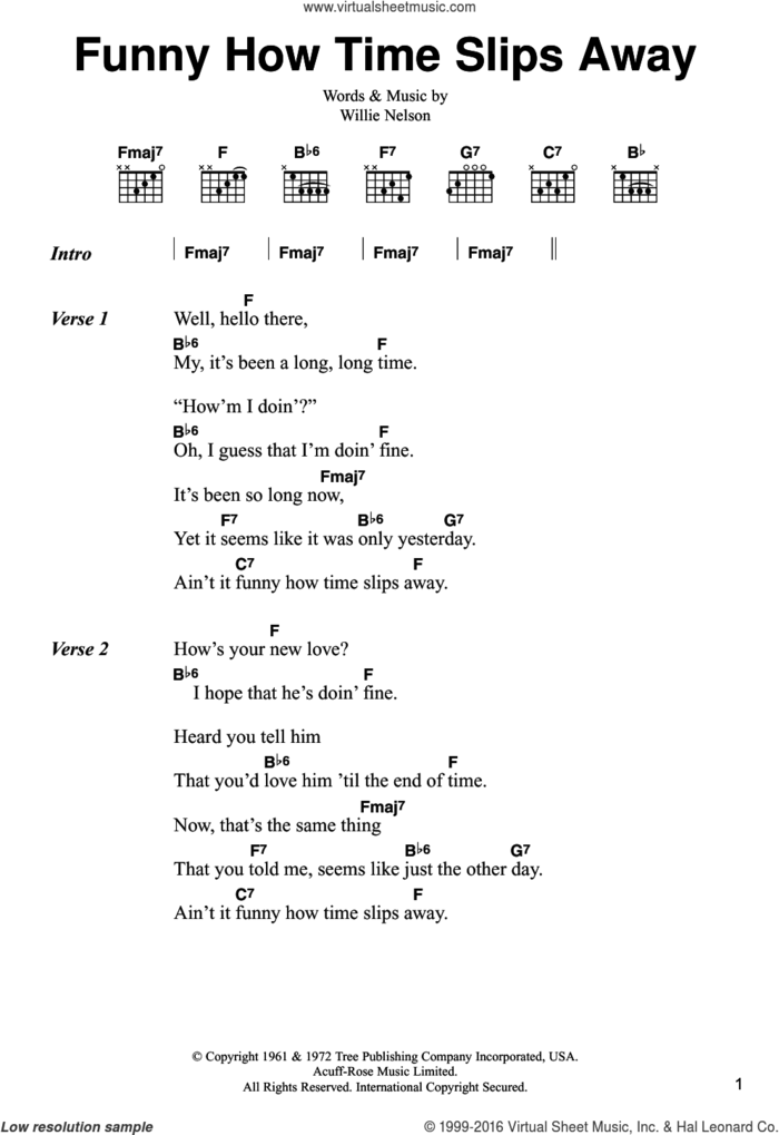 Funny How Time Slips Away sheet music for guitar (chords) by Willie Nelson, intermediate skill level