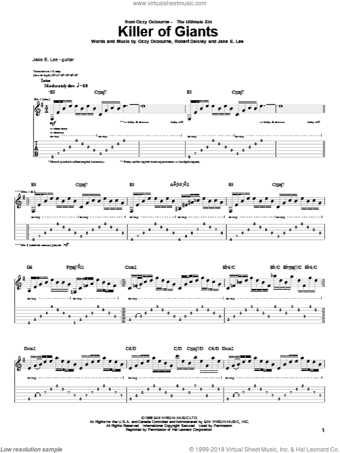 Killer Of Giants sheet music for guitar (tablature) by Ozzy Osbourne, Bob Daisley, J. Sinclair, Jake E. Lee and Randy Castillo, intermediate skill level