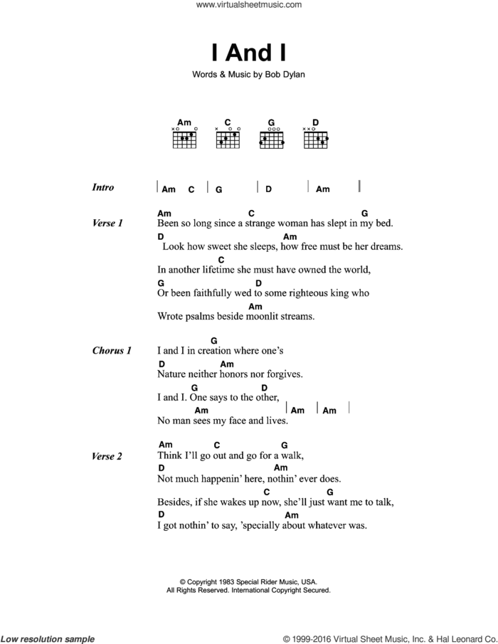 I And I sheet music for guitar (chords) by Bob Dylan, intermediate skill level