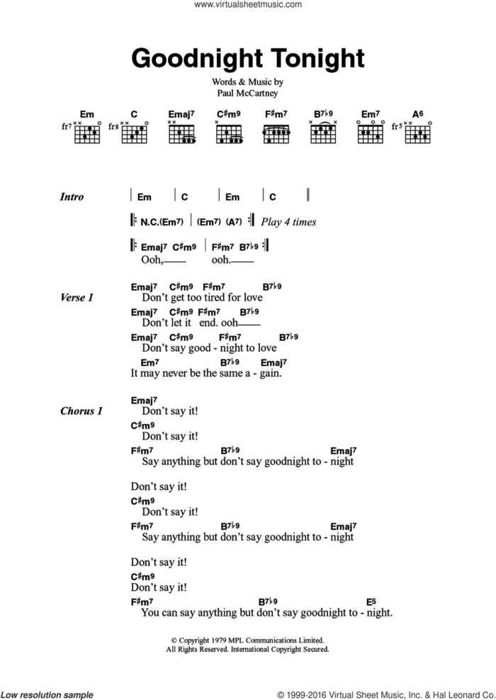 Goodnight Tonight sheet music for guitar (chords) by Wings and Paul McCartney, intermediate skill level