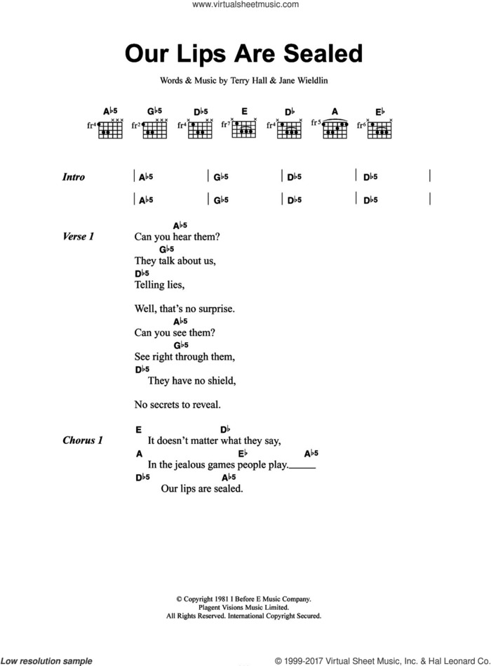 Our Lips Are Sealed sheet music for guitar (chords) by The Go-Go's, Jane Wiedlin and Terry Hall, intermediate skill level