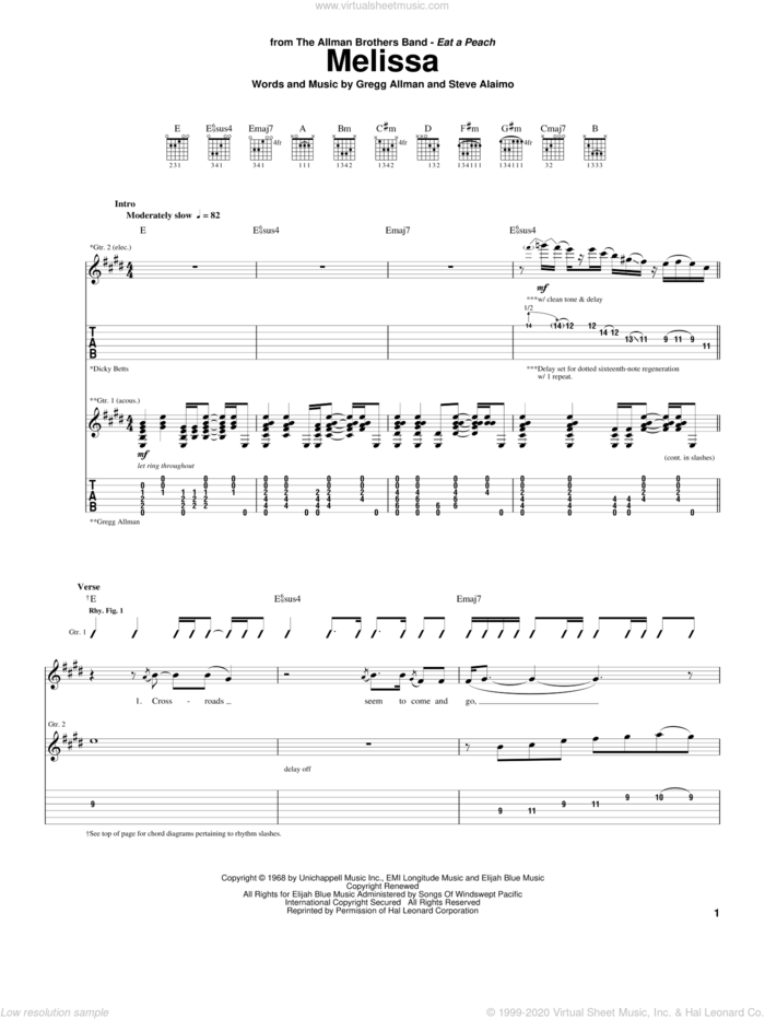 Melissa sheet music for guitar (tablature) by The Allman Brothers Band, Allman Brothers Band, Gregg Allman and Steve Alaimo, intermediate skill level