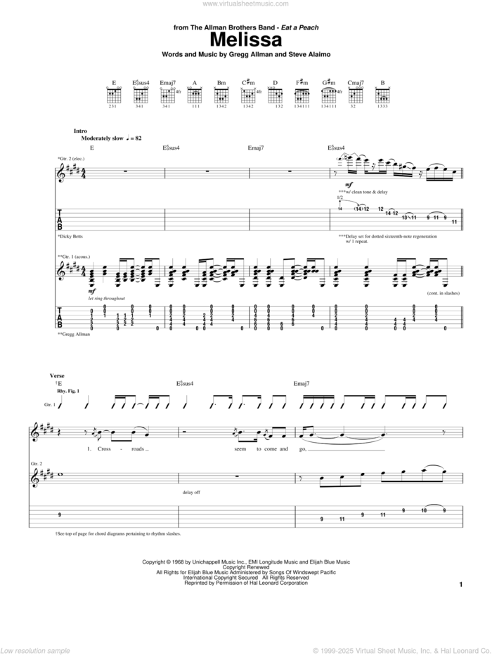 Melissa sheet music for guitar (tablature) by The Allman Brothers Band, Allman Brothers Band, Gregg Allman and Steve Alaimo, intermediate skill level