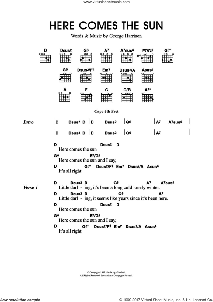 Here Comes The Sun sheet music for guitar (chords) by George Harrison and Merle Travis, intermediate skill level