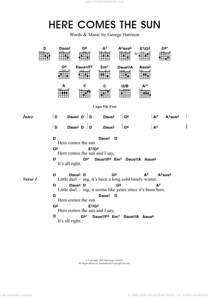 Here Comes The Sun sheet music for guitar (chords) by George Harrison and Merle Travis, intermediate skill level