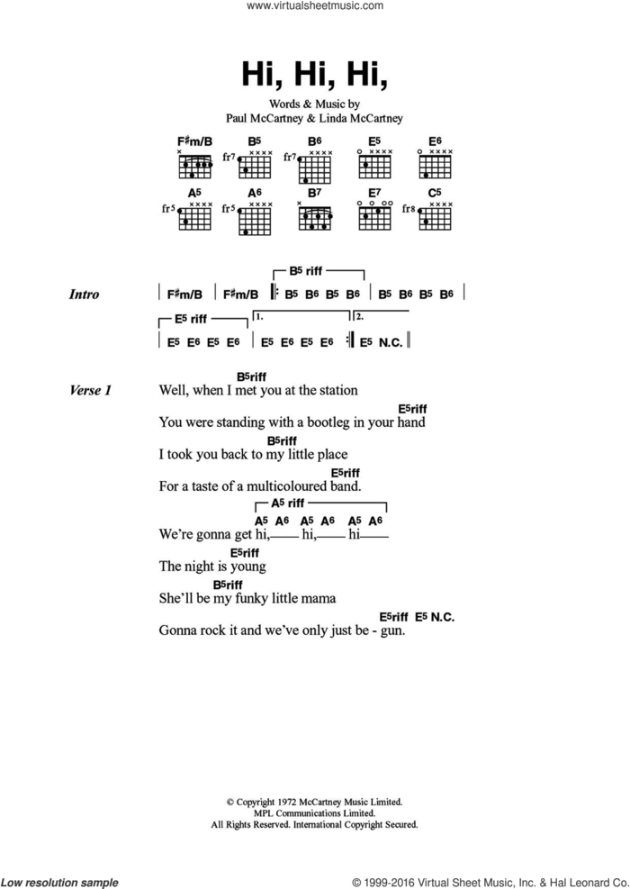Hi Hi Hi sheet music for guitar (chords) by Wings, Paul McCartney and Linda McCartney, intermediate skill level