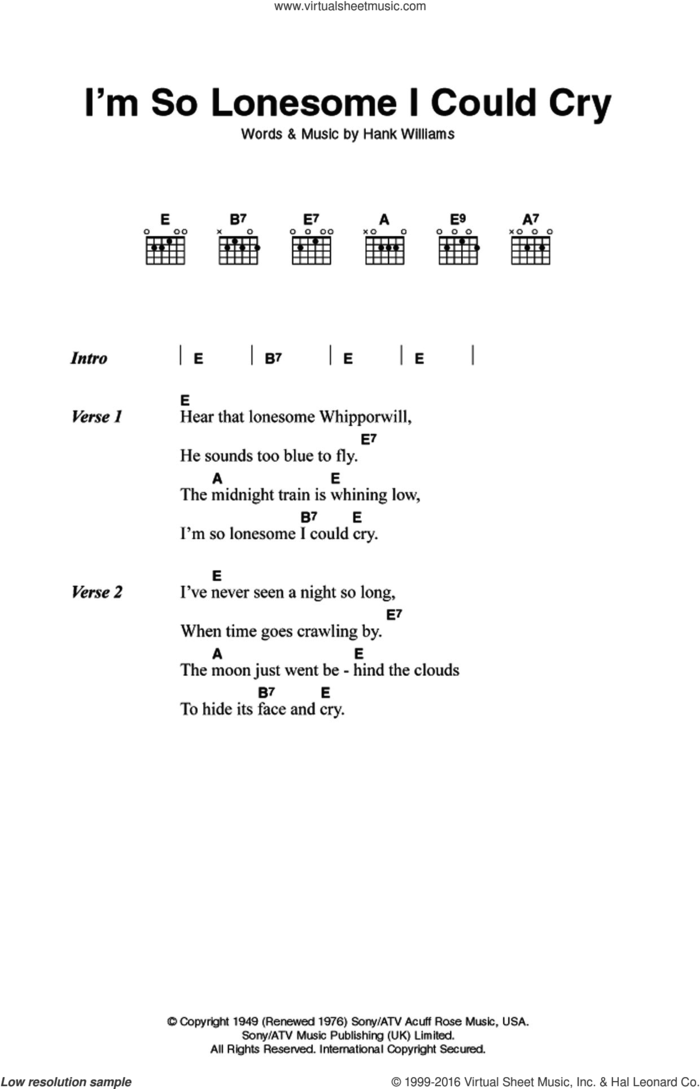 I'm So Lonesome I Could Cry sheet music for guitar (chords) by Hank Williams, intermediate skill level