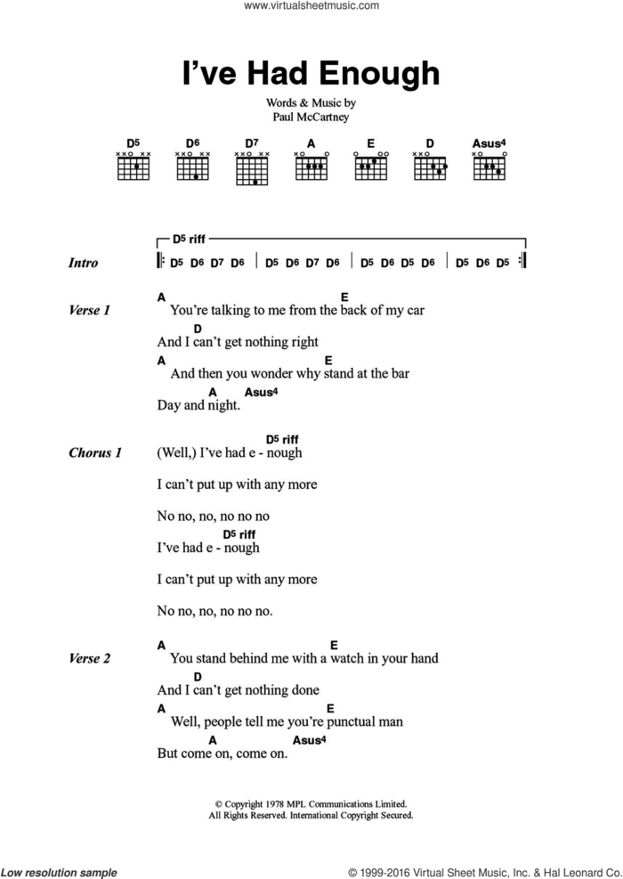 I've Had Enough sheet music for guitar (chords) by Wings and Paul McCartney, intermediate skill level