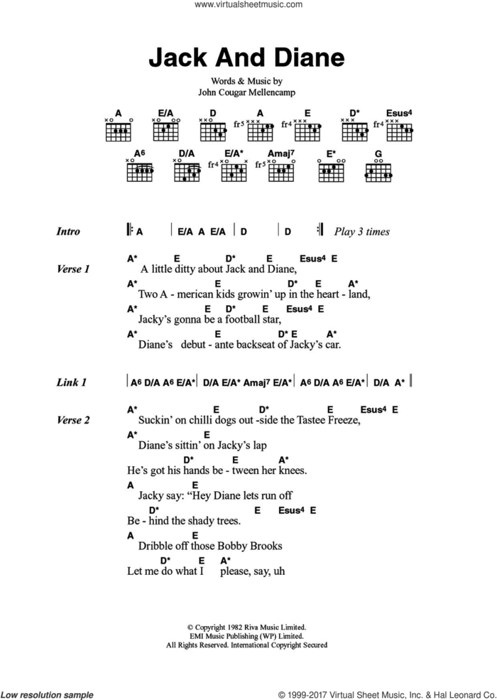Jack And Diane sheet music for guitar (chords) by John Mellencamp, intermediate skill level
