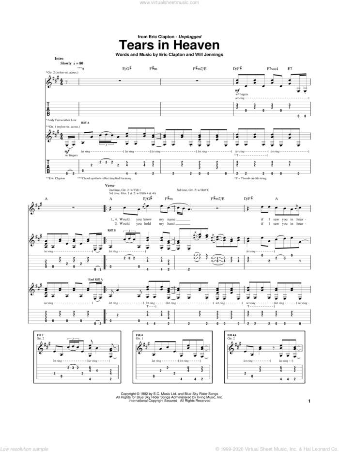 Tears In Heaven sheet music for guitar (tablature) by Eric Clapton and Will Jennings, intermediate skill level