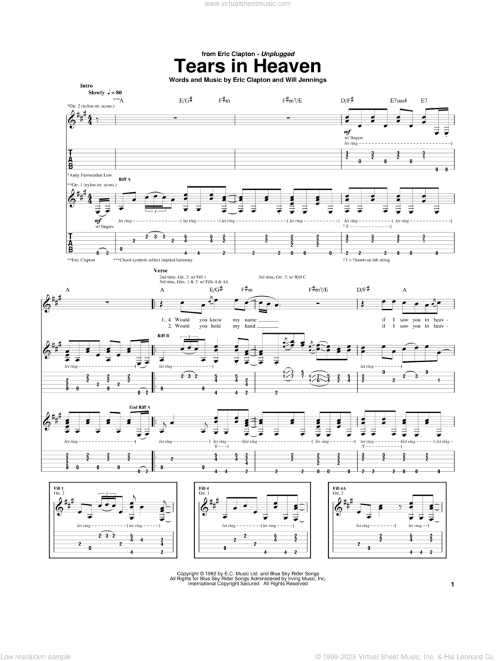 Tears In Heaven sheet music for guitar (tablature) by Eric Clapton and Will Jennings, intermediate skill level