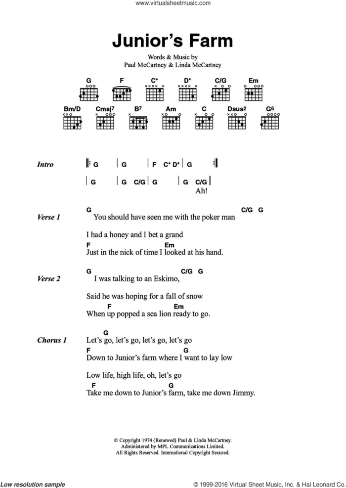 Junior's Farm sheet music for guitar (chords) by Wings, Paul McCartney and Linda McCartney, intermediate skill level