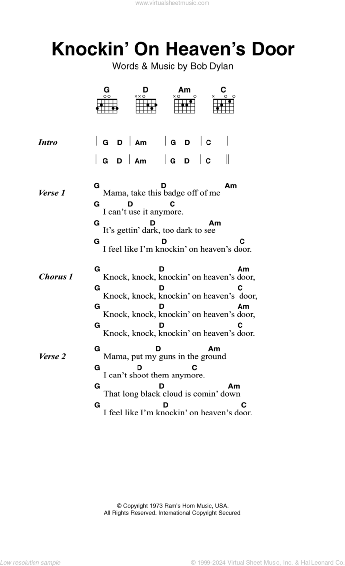 Knockin' On Heaven's Door sheet music for guitar (chords) by Bob Dylan and Eric Clapton, intermediate skill level