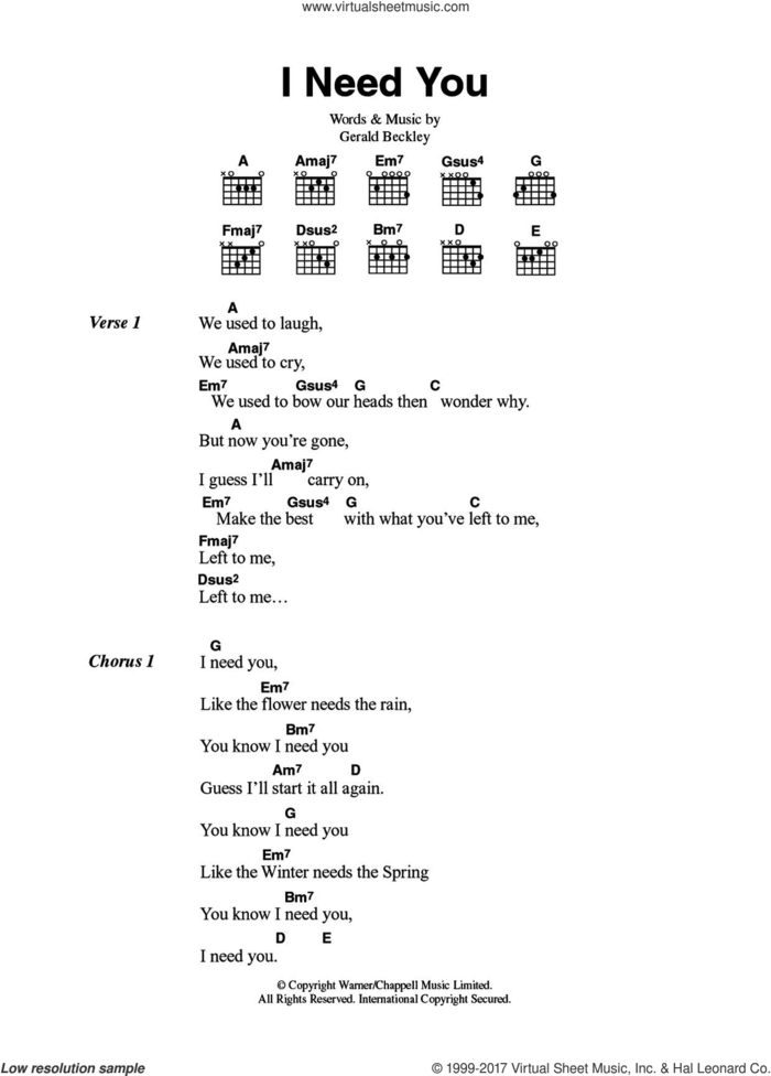 I Need You sheet music for guitar (chords) by America and Gerald Beckley, intermediate skill level