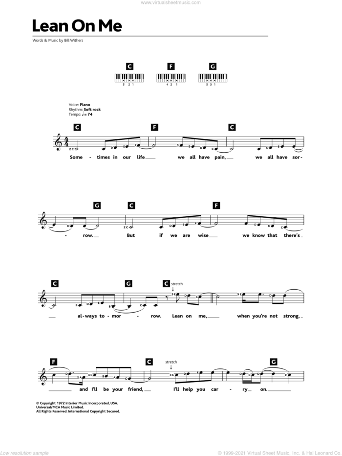 Lean On Me sheet music for piano solo (chords, lyrics, melody) by Bill Withers, intermediate piano (chords, lyrics, melody)