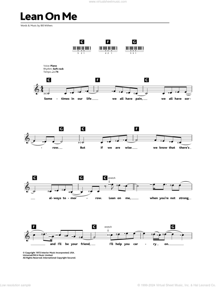 Lean On Me sheet music for piano solo (chords, lyrics, melody) by Bill Withers, intermediate piano (chords, lyrics, melody)