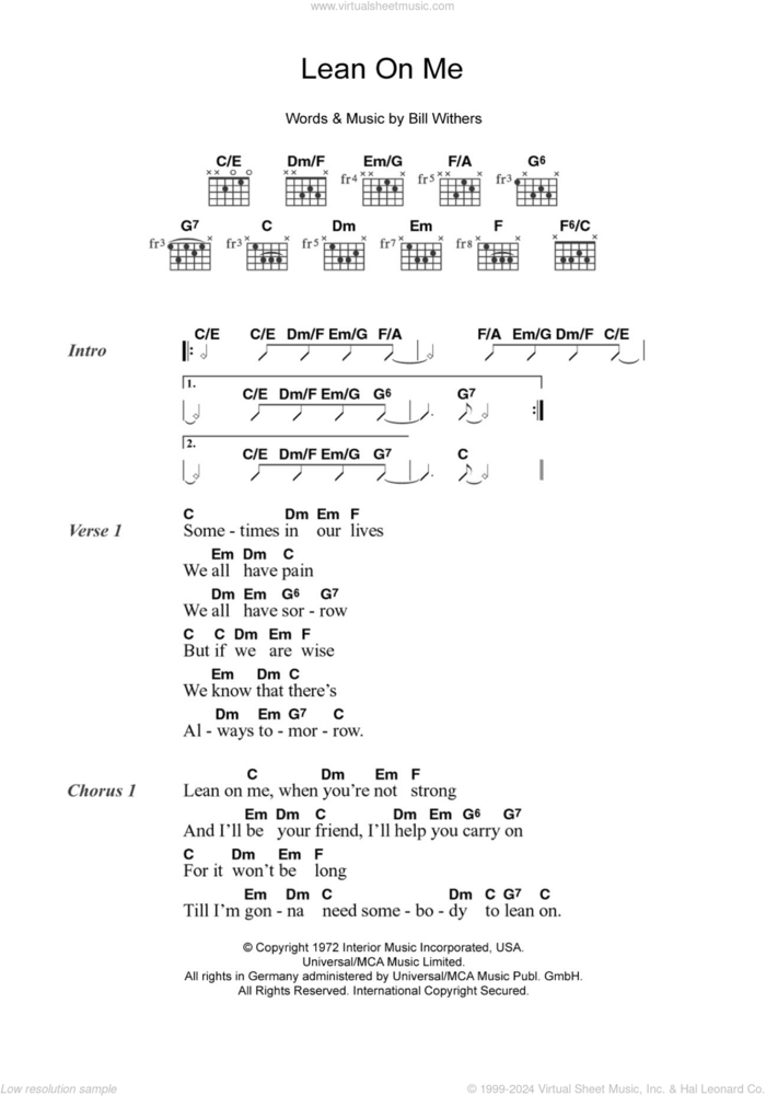 Lean On Me sheet music for guitar (chords) by Bill Withers, intermediate skill level