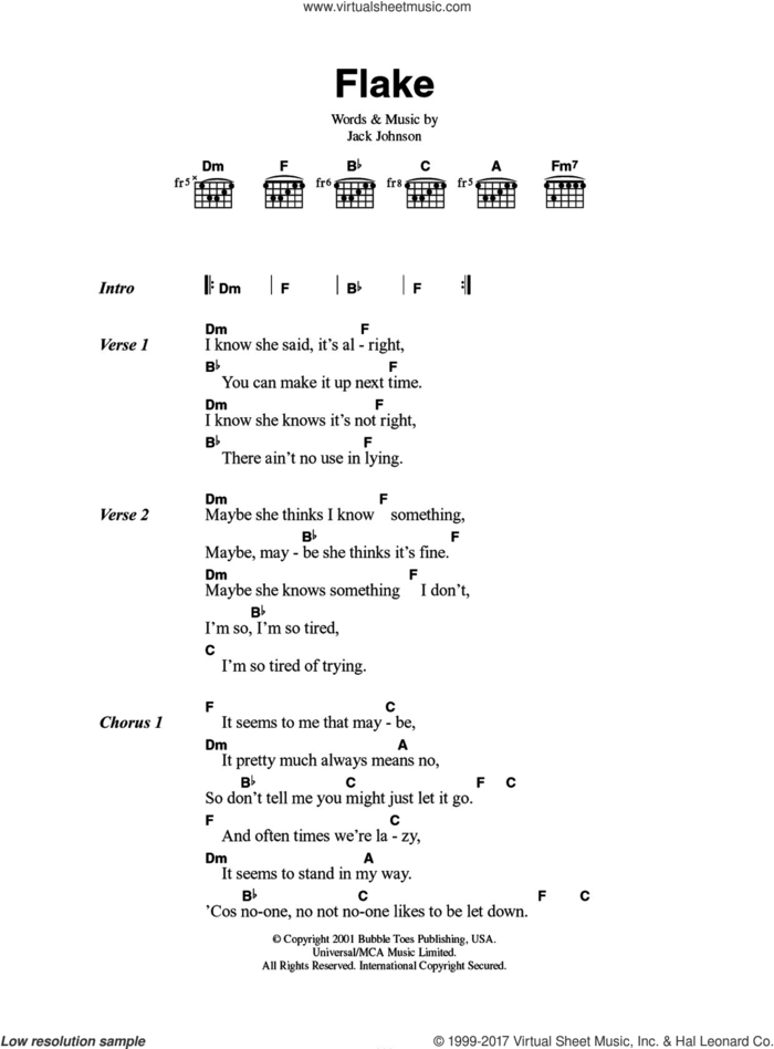 Flake sheet music for guitar (chords) by Jack Johnson, intermediate skill level