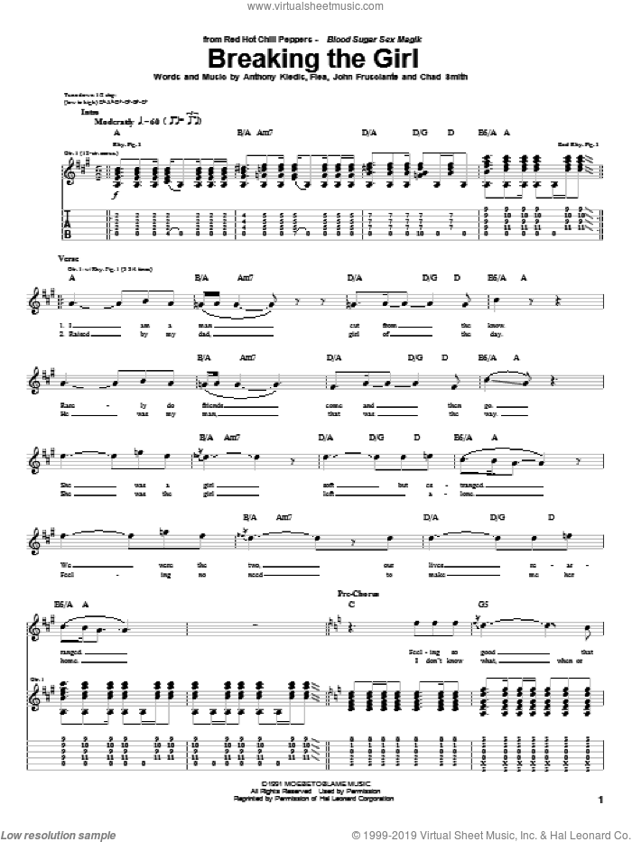 Breaking The Girl sheet music for guitar (tablature) by Red Hot Chili Peppers, Anthony Kiedis, Chad Smith, Flea and John Frusciante, intermediate skill level