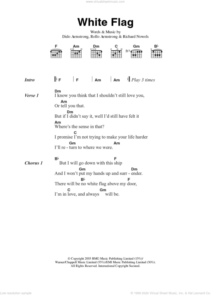 White Flag sheet music for guitar (chords) by Dido Armstrong, Rick Nowels and Rollo Armstrong, intermediate skill level