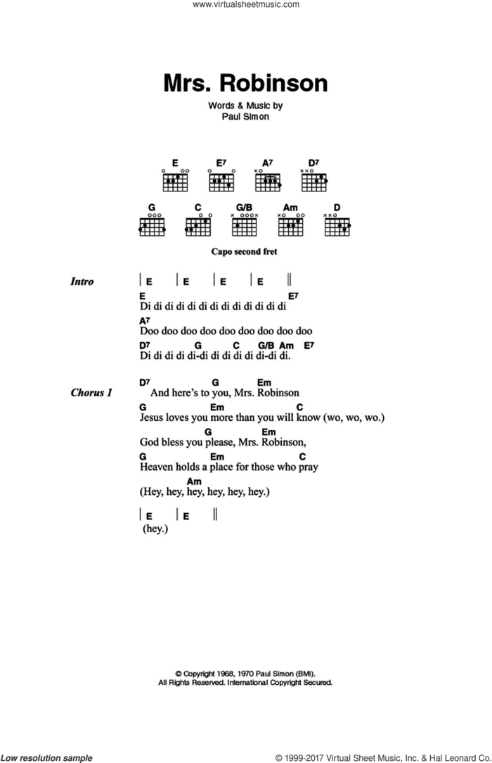 Mrs. Robinson sheet music for guitar (chords) by Simon & Garfunkel and Paul Simon, intermediate skill level