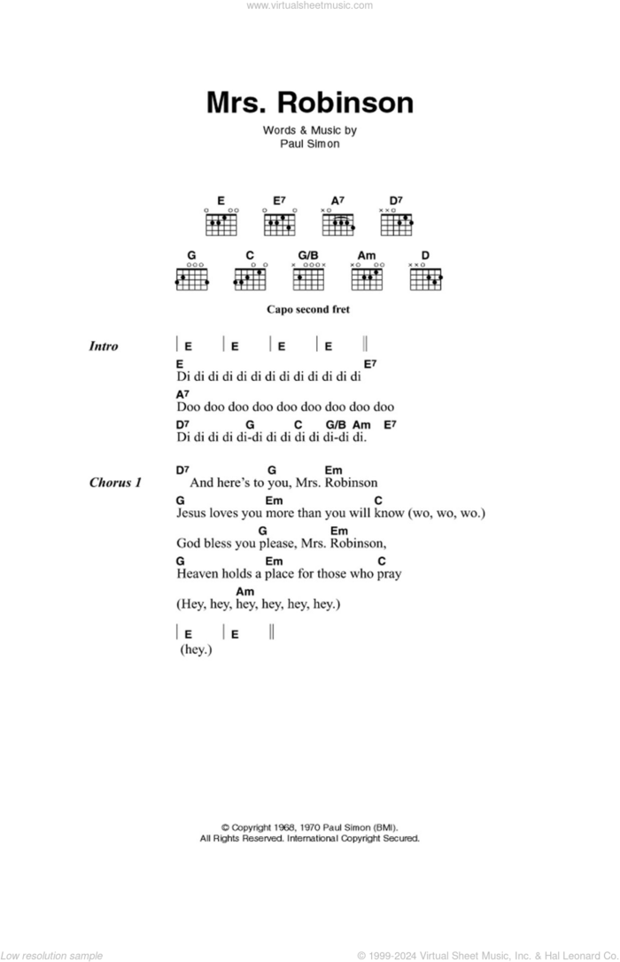 Mrs. Robinson sheet music for guitar (chords) by Simon & Garfunkel and Paul Simon, intermediate skill level