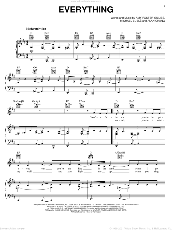 Everything sheet music for voice, piano or guitar by Michael Buble, Alan Chang and Amy Foster-Gillies, intermediate skill level