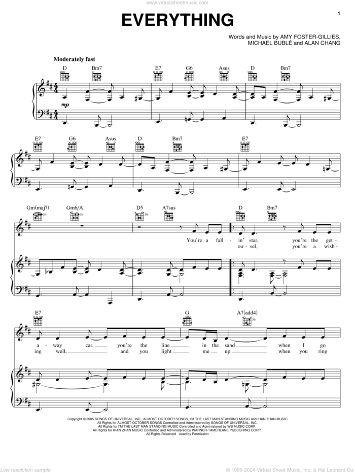Everything sheet music for voice, piano or guitar by Michael Buble, Alan Chang and Amy Foster-Gillies, wedding score, intermediate skill level