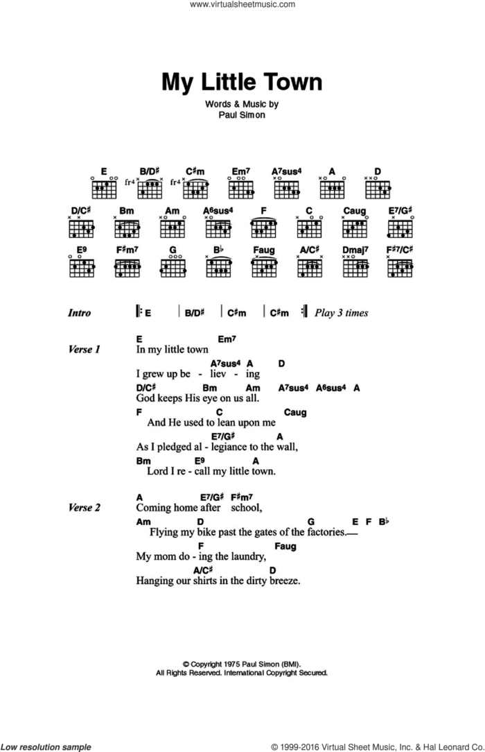 My Little Town sheet music for guitar (chords) by Simon & Garfunkel and Paul Simon, intermediate skill level