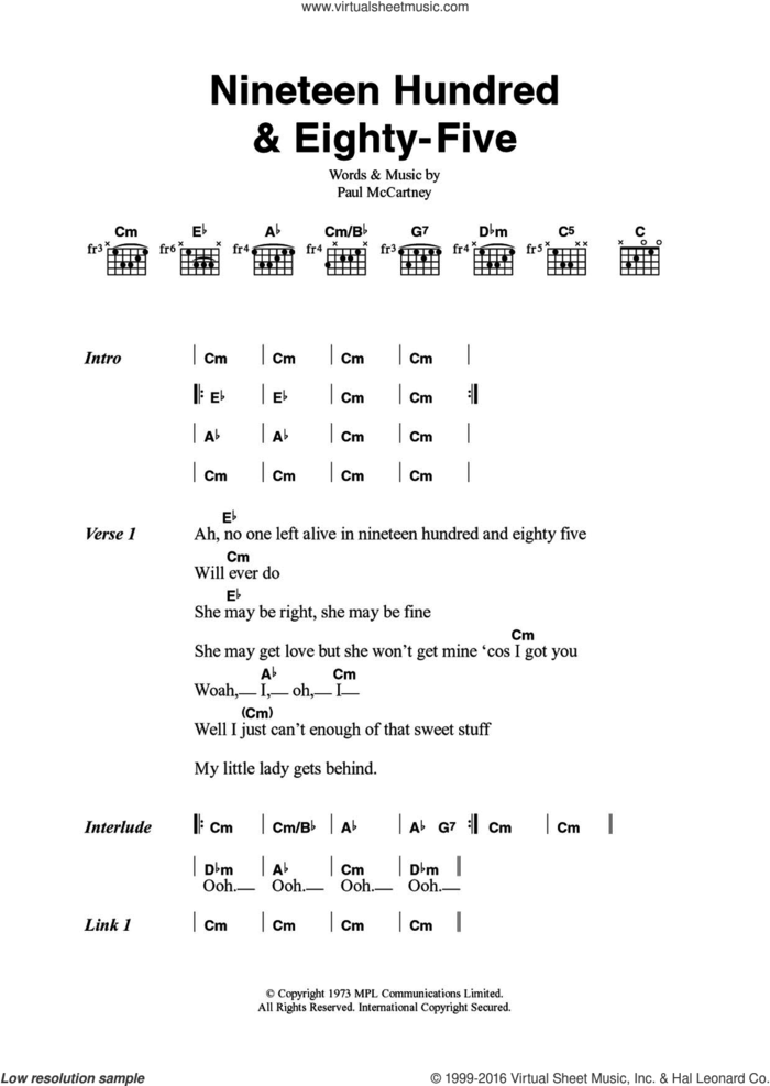 Nineteen Hundred And Eighty Five sheet music for guitar (chords) by Wings and Paul McCartney, intermediate skill level
