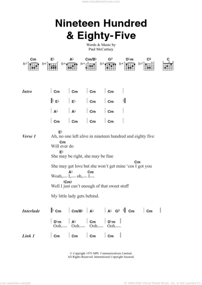 Nineteen Hundred And Eighty Five sheet music for guitar (chords) by Wings and Paul McCartney, intermediate skill level