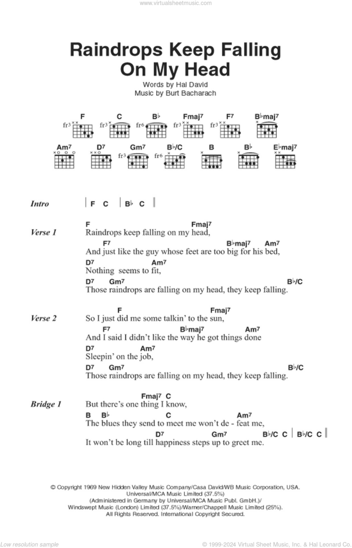 Raindrops Keep Falling On My Head sheet music for guitar (chords) by B.J. Thomas, Bacharach & David, Burt Bacharach and Hal David, intermediate skill level