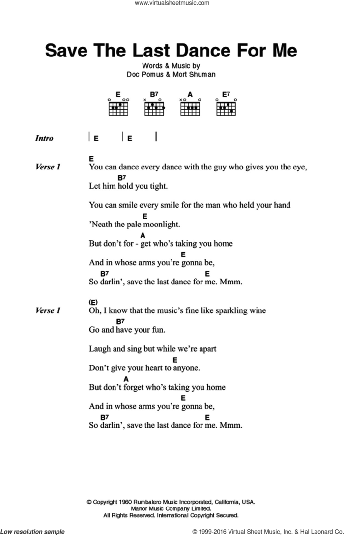 Save The Last Dance For Me sheet music for guitar (chords) by The Drifters, Doc Pomus and Mort Shuman, intermediate skill level