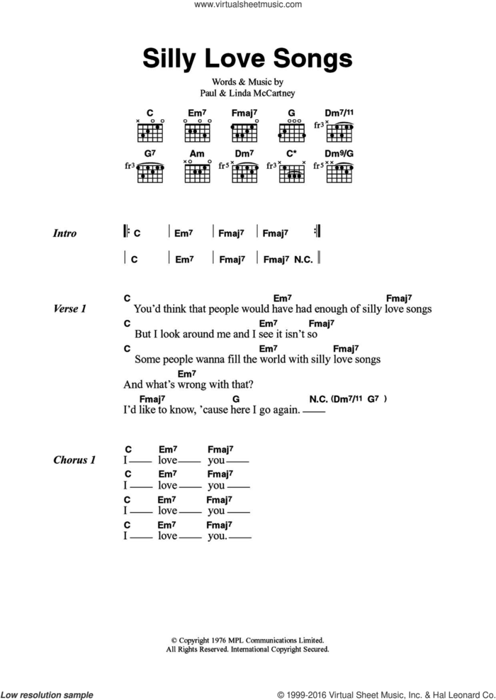 Silly Love Songs sheet music for guitar (chords) by Wings, Paul McCartney and Linda McCartney, intermediate skill level