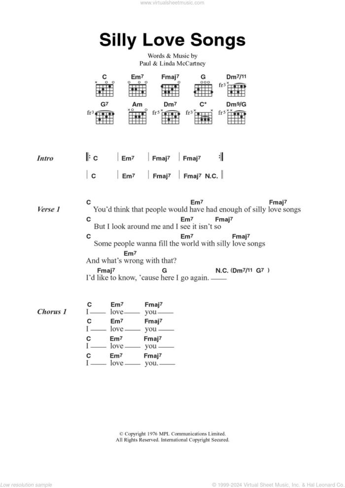 Silly Love Songs sheet music for guitar (chords) by Wings, Paul McCartney and Linda McCartney, intermediate skill level