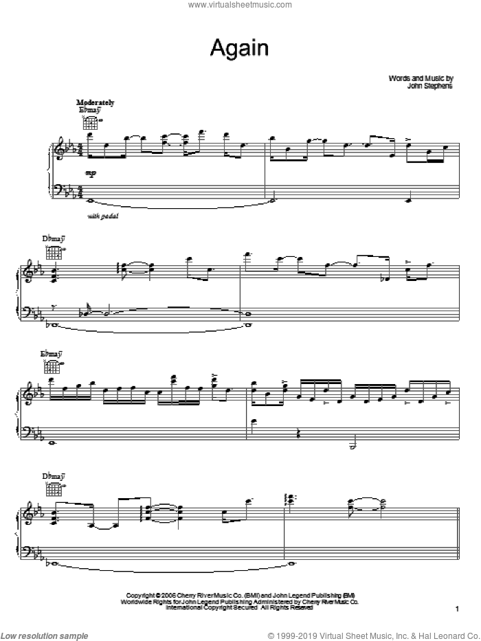 Again sheet music for voice, piano or guitar by John Legend and John Stephens, intermediate skill level