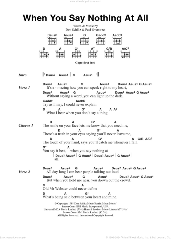 When You Say Nothing At All sheet music for guitar (chords) by Alison Krauss, Keith Whitley, Ronan Keating, Don Schlitz and Paul Overstreet, intermediate skill level