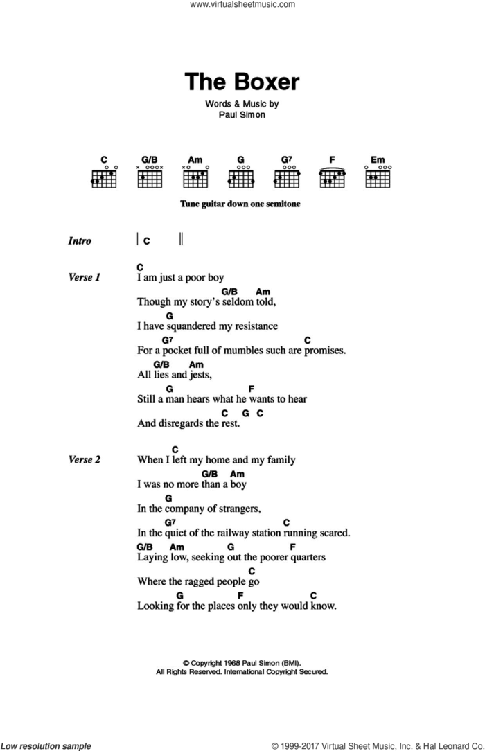 The Boxer sheet music for guitar (chords) by Simon & Garfunkel and Paul Simon, intermediate skill level