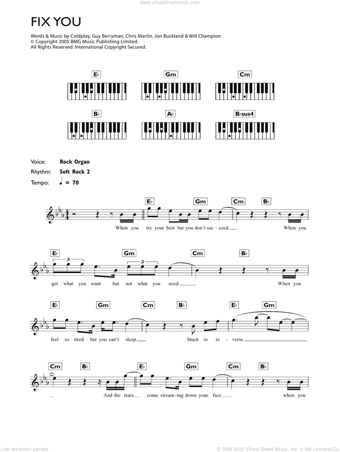 Fix You sheet music for piano solo (chords, lyrics, melody) by Coldplay, Chris Martin, Guy Berryman, Jonny Buckland and Will Champion, intermediate piano (chords, lyrics, melody)