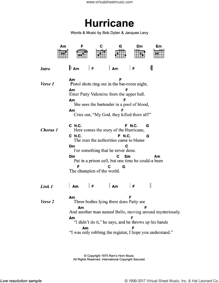Hurricane sheet music for guitar (chords) by Bob Dylan and Jacques Levy, intermediate skill level