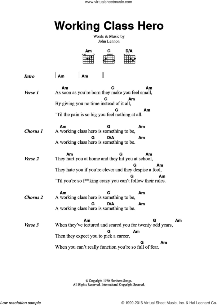 Working Class Hero sheet music for guitar (chords) by John Lennon, intermediate skill level