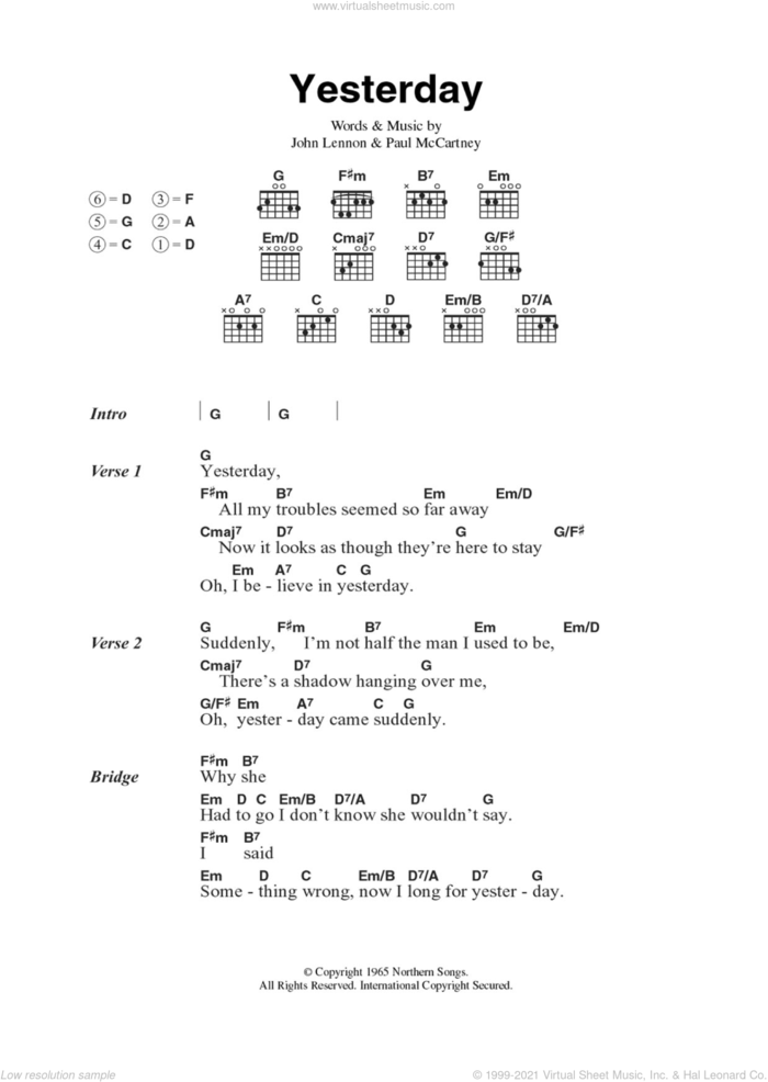 Yesterday sheet music for guitar (chords) by The Beatles, John Lennon and Paul McCartney, intermediate skill level