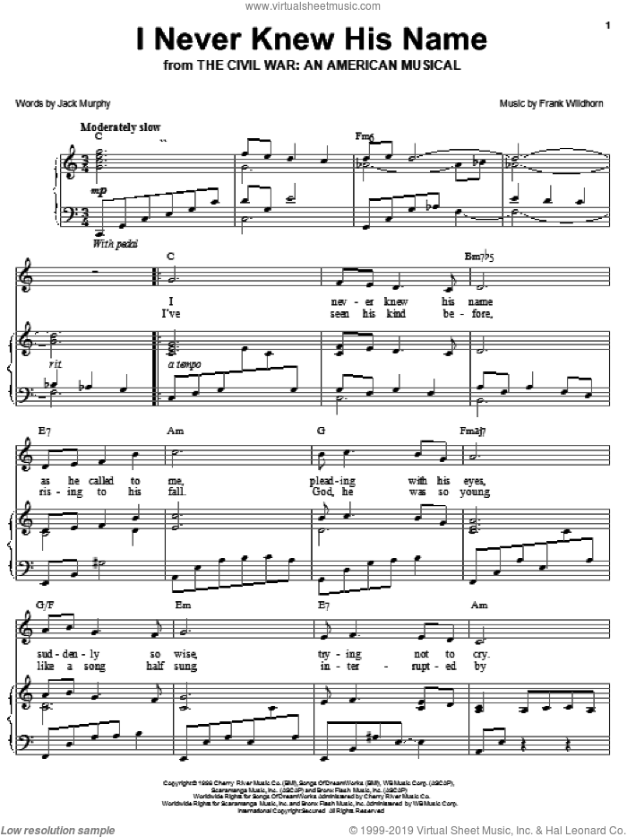 I Never Knew His Name sheet music for voice, piano or guitar by Frank Wildhorn and Jack Murphy, intermediate skill level