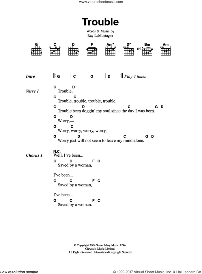 Trouble sheet music for guitar (chords) by Ray LaMontagne, intermediate skill level