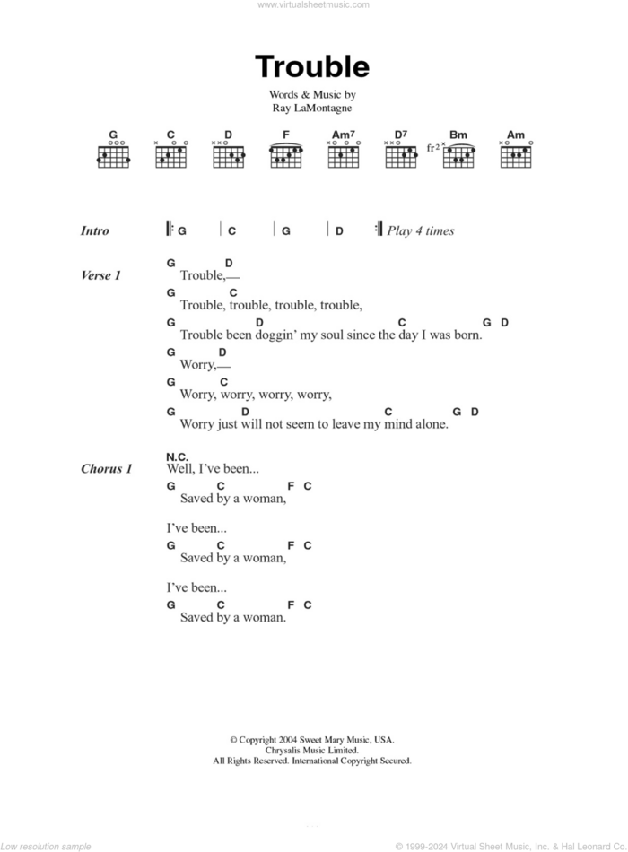 Trouble sheet music for guitar (chords) by Ray LaMontagne, intermediate skill level