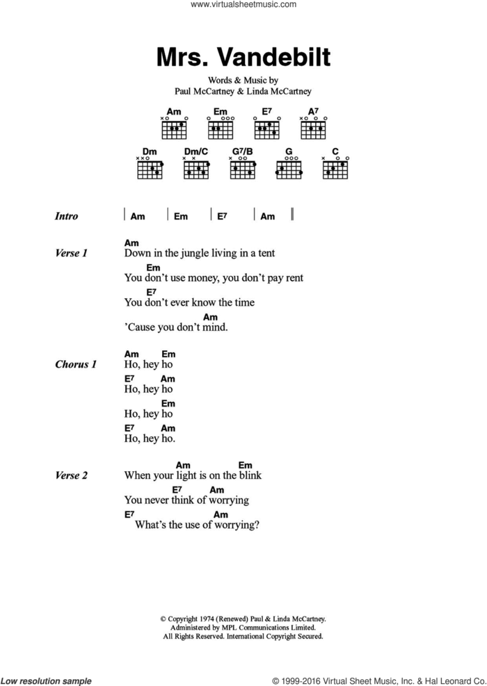 Mrs. Vandebilt sheet music for guitar (chords) by Wings, Paul McCartney and Linda McCartney, intermediate skill level