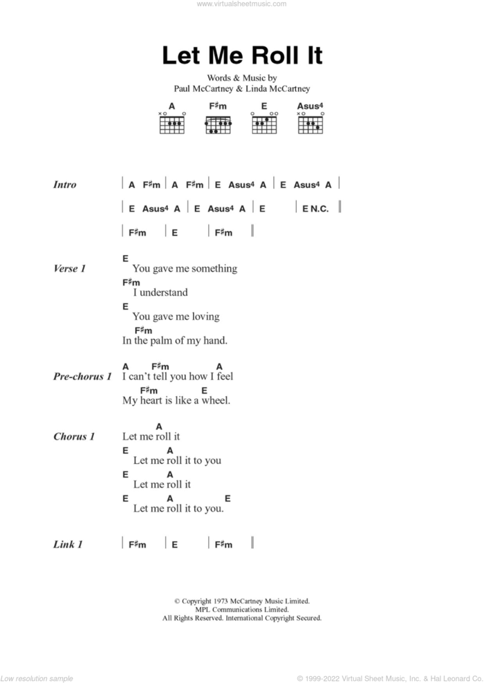 Let Me Roll It sheet music for guitar (chords) by Wings, Paul McCartney and Linda McCartney, intermediate skill level