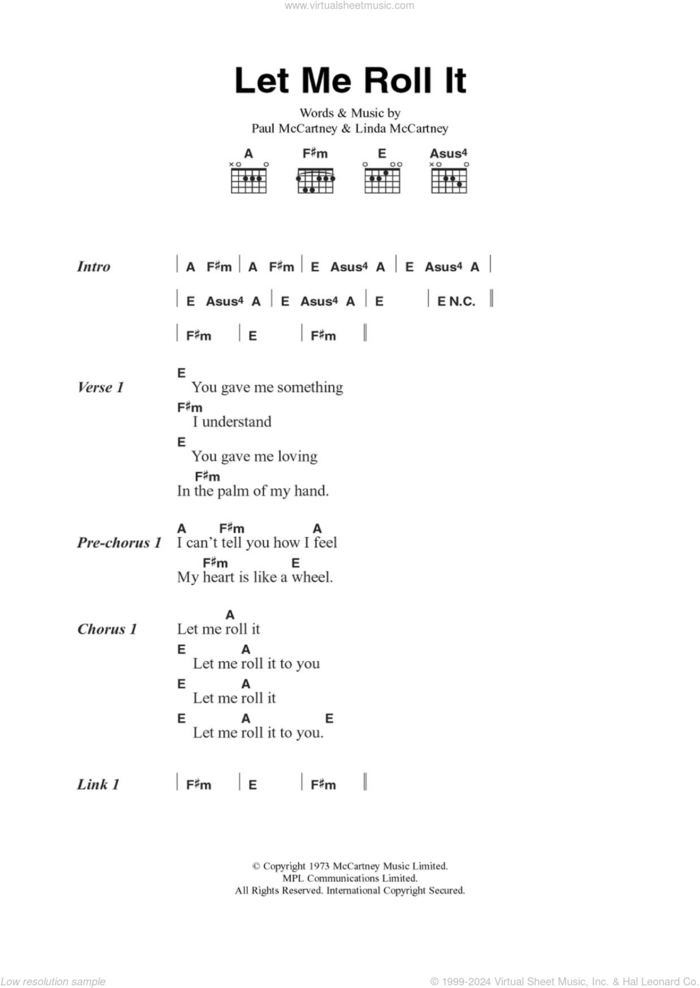 Let Me Roll It sheet music for guitar (chords) by Wings, Paul McCartney and Linda McCartney, intermediate skill level